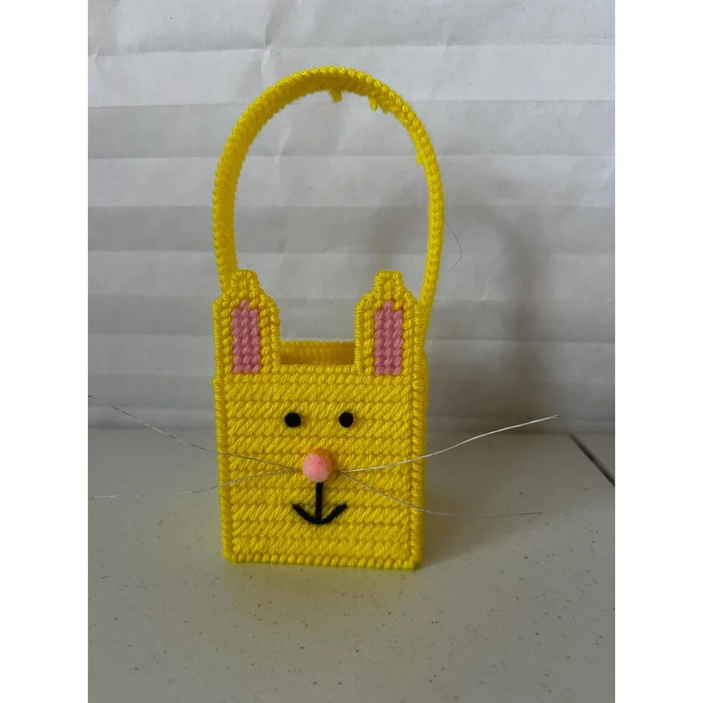 Mini Easter Basket with Yellow Bunny – Colorful Plastic Canvas Handmade Gift